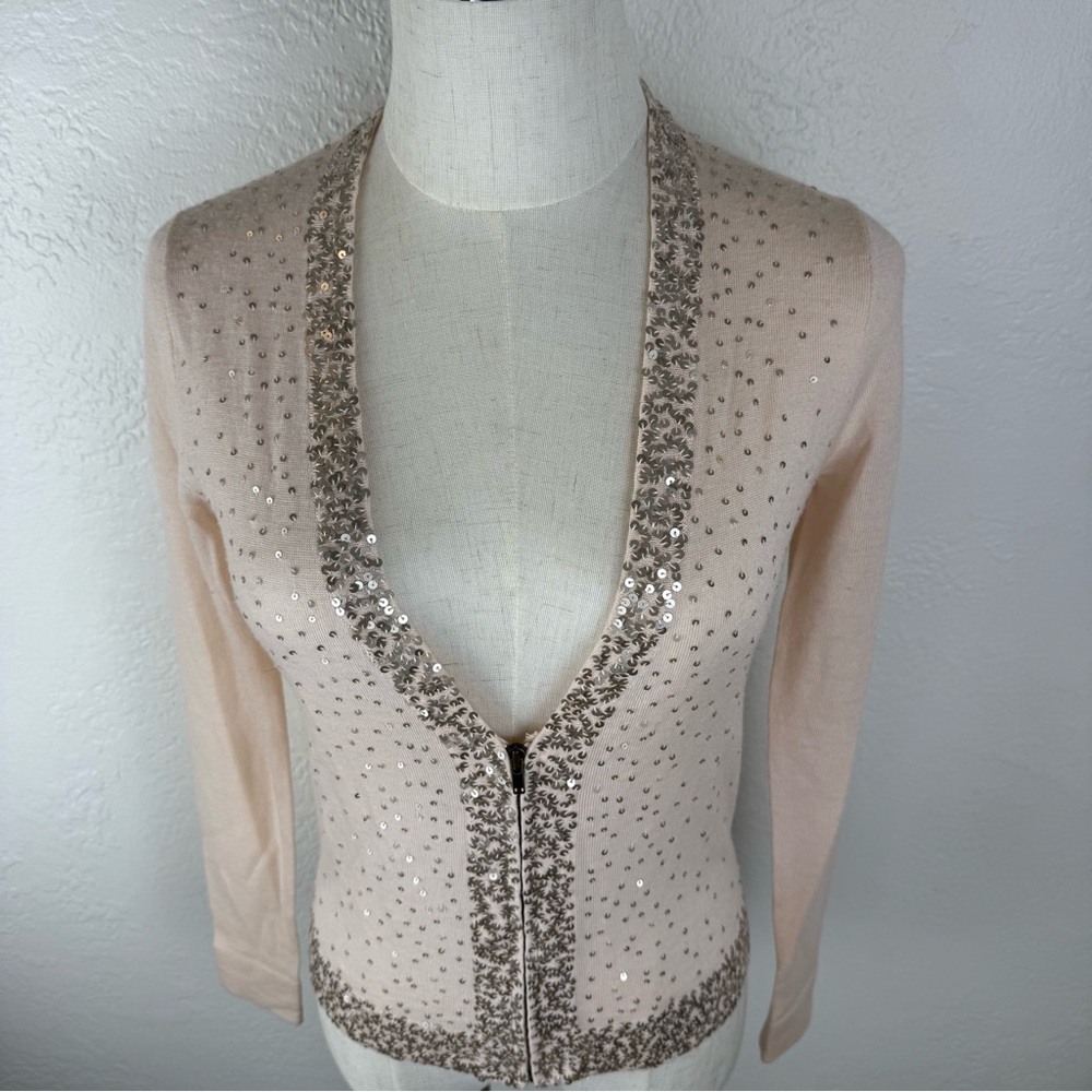 RARE Archive J.Crew 100% Wool Sequin "Chloe" Zip Cardigan PRISTINE Peach XS - Picture 2 of 9